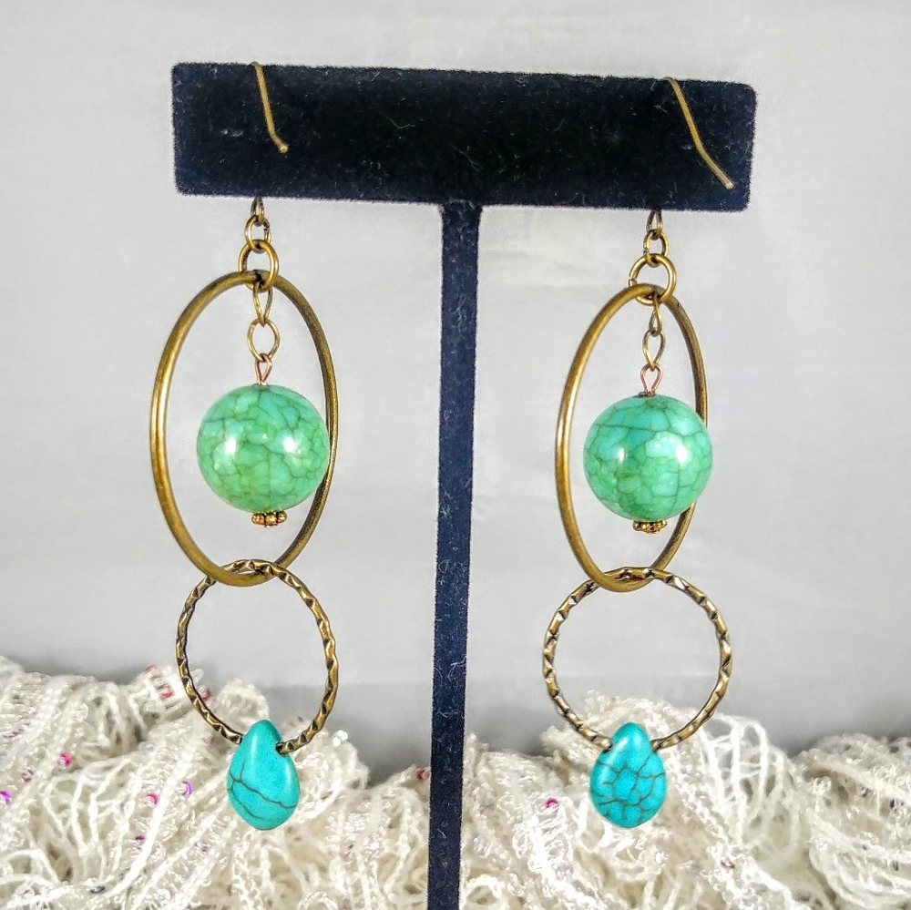 Jade & turquoise color beaded hoop earrings